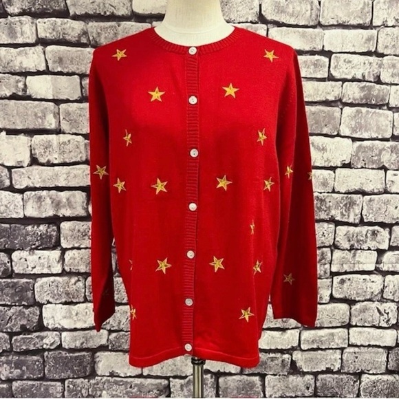 Quacker Factory Red Gold Long Sleeve Cardigan Sweater Size Large - Picture 8 of 9